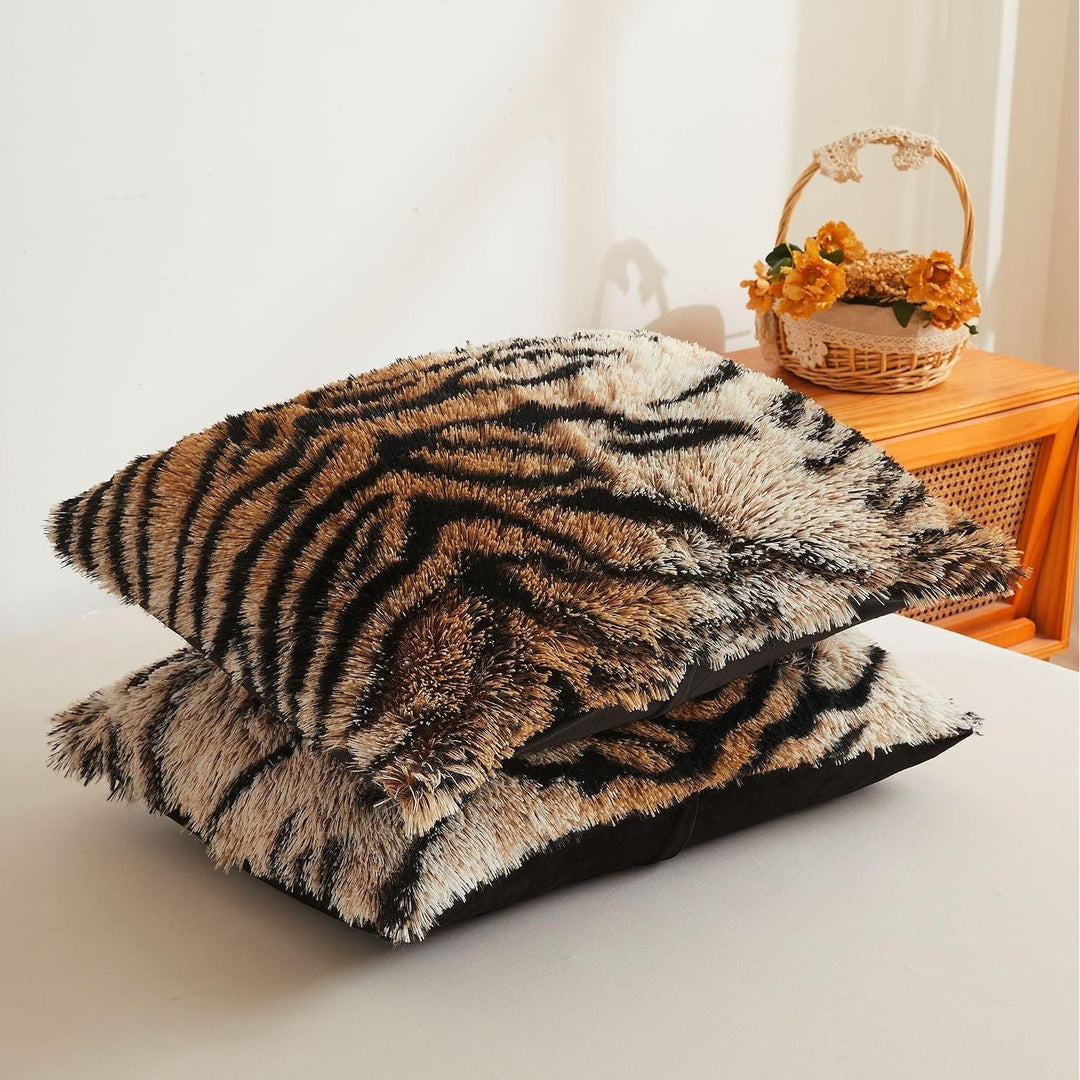 Tiger Print Fluffy Faux Fur Duvet Cover Set, 3 Pieces Soft Plush Shaggy Fuzzy Bedding Set(1 Faux Fur Animal Print Comforter Cover + 2 Furry Pillowcases), Zipper Closure(King, Tiger Print Brown) - Just Closeouts Canada Inc.X0047QQQVV