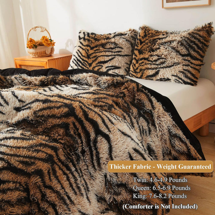 Tiger Print Fluffy Faux Fur Duvet Cover Set, 3 Pieces Soft Plush Shaggy Fuzzy Bedding Set(1 Faux Fur Animal Print Comforter Cover + 2 Furry Pillowcases), Zipper Closure(King, Tiger Print Brown) - Just Closeouts Canada Inc.X0047QQQVV