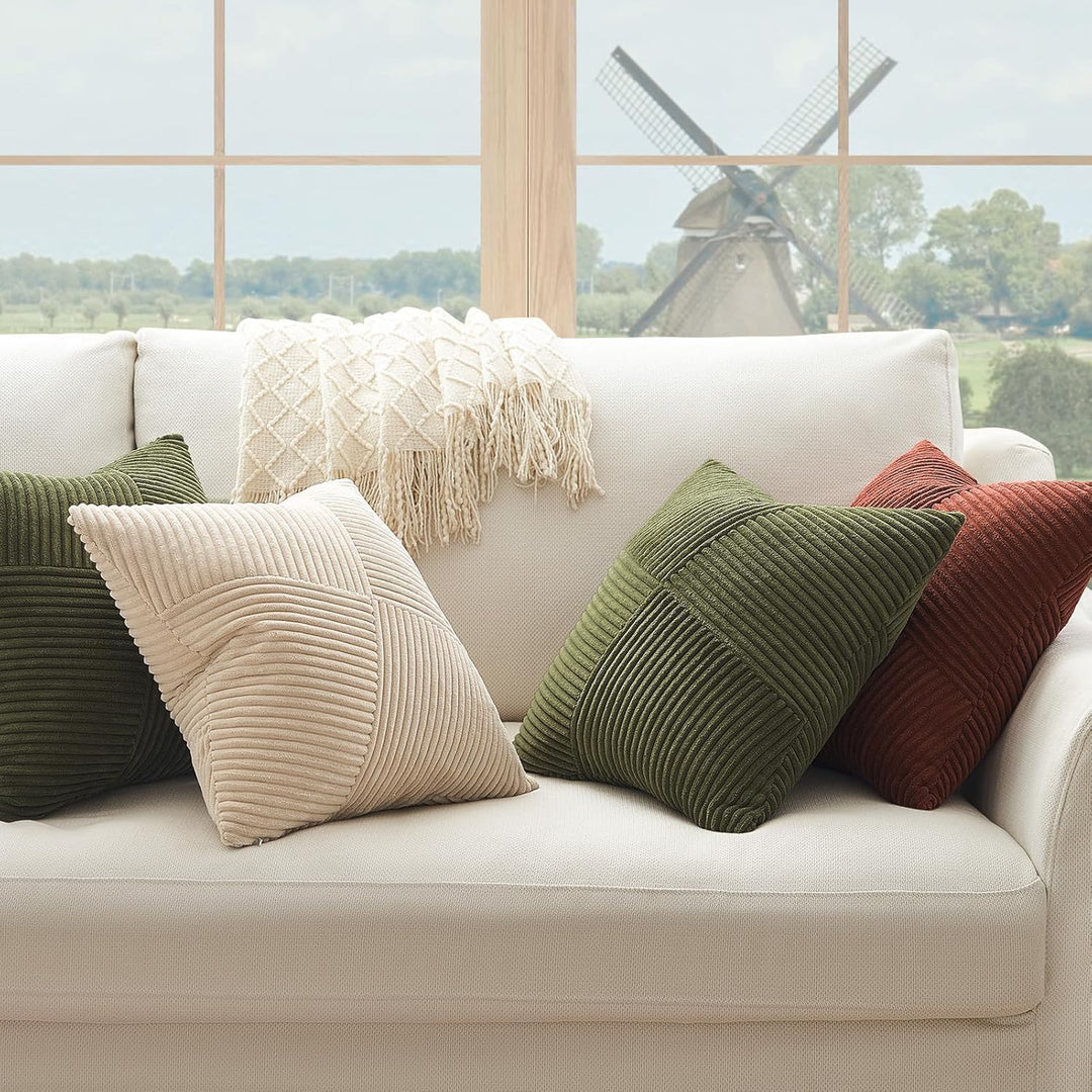 Topfinel Olive Green Decorative Throw Pillow Covers Set of 2 18x18 Inches for Couch Bed Sofa, Boho Aesthetic Home Decor, Soft Corduroy Striped Patchwork Windmill Textured Cushion Cases 45x45 cm - Just Closeouts Canada Inc.