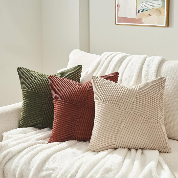 Topfinel Olive Green Decorative Throw Pillow Covers Set of 2 18x18 Inches for Couch Bed Sofa, Boho Aesthetic Home Decor, Soft Corduroy Striped Patchwork Windmill Textured Cushion Cases 45x45 cm - Just Closeouts Canada Inc.