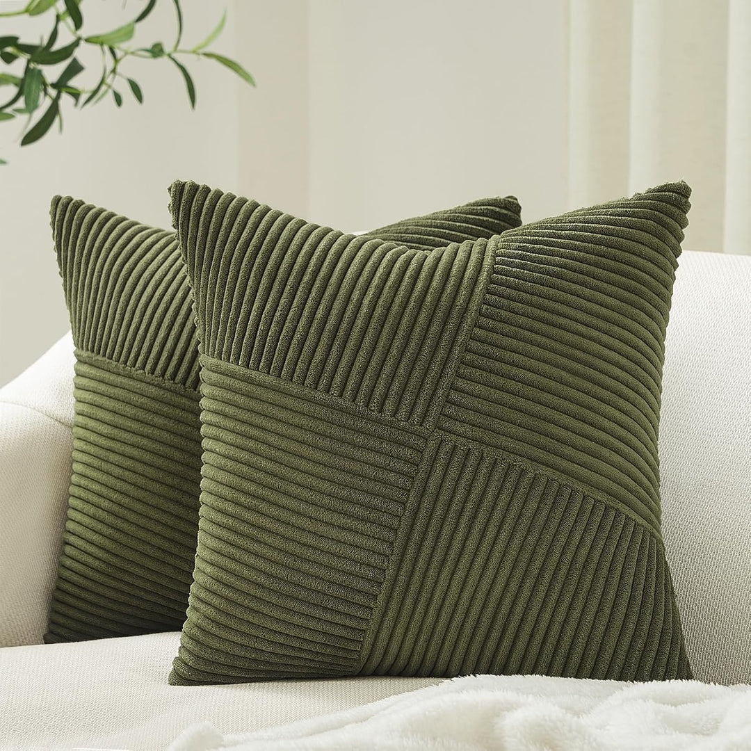 Topfinel Set of 2 Olive Green Decorative Throw Pillow Covers 20x20 Inches for Couch Bed Sofa, Boho Aesthetic Home Decor, Soft Corduroy Striped Patchwork Windmill Textured Cushion Cases 50x50 cm - Just Closeouts Canada Inc.