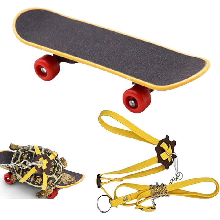 Tortoise skateboard and adjustable yellow harness leash set, view 1
