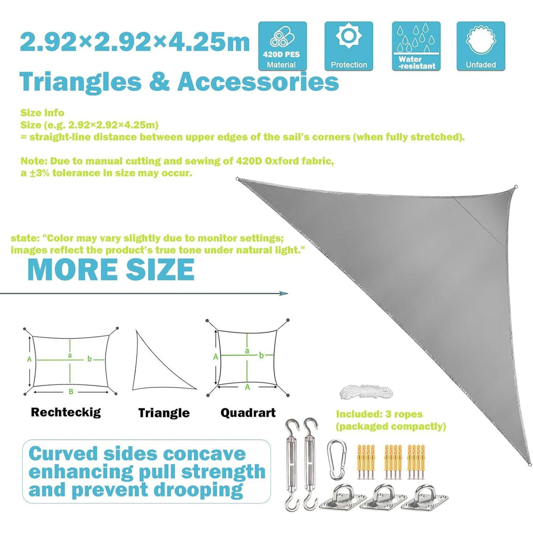 Triangle Sun Shade Sail 9.58'x9.58'x13.94',with Installation Fixing Kit, Outdoor Water - Resistant Shade Sail,420D Oxford Fabric Incl Fixing Rope,Awning for Balconies,Terraces and Gardens - Just Closeouts Canada Inc.