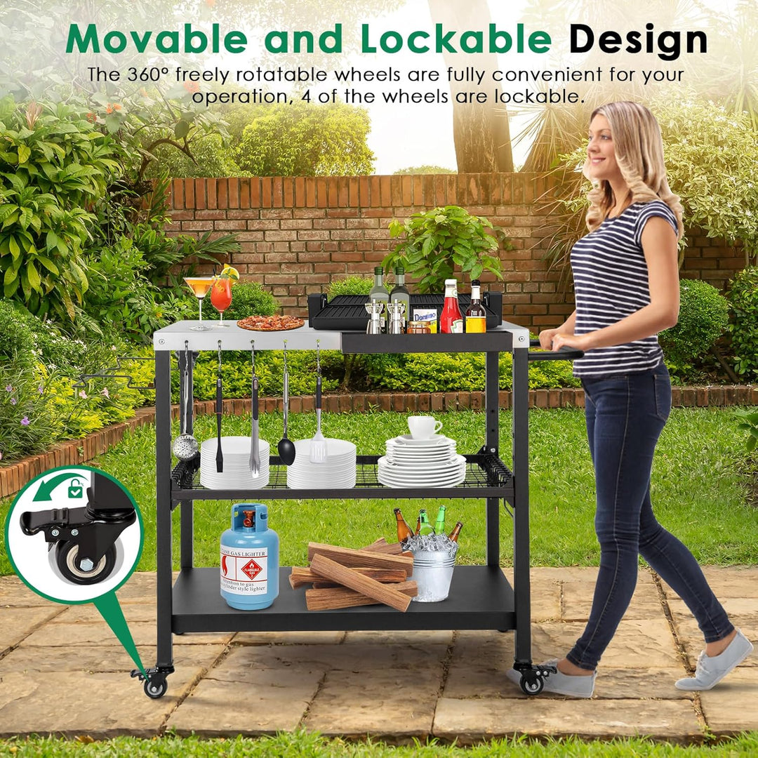 Tyfnry Outdoor Grill Cart, 3 - Tier Rolling Prep Dining Cart Pizza Oven Stand Table with Lockable Casters, Hooks & Adjustable Mesh, Metal Kitchen Cart Island, Black - Just Closeouts Canada Inc.
