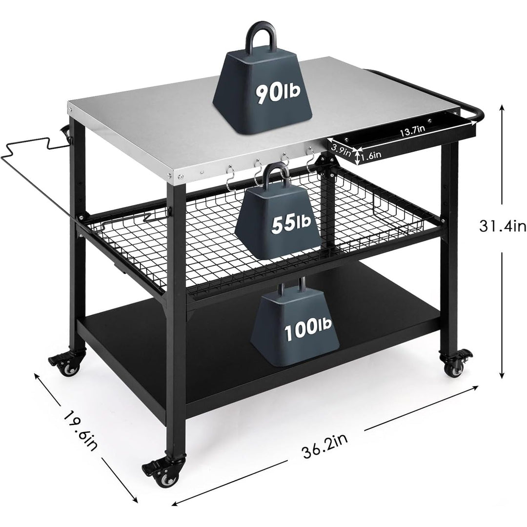 Tyfnry Outdoor Grill Cart, 3 - Tier Rolling Prep Dining Cart Pizza Oven Stand Table with Lockable Casters, Hooks & Adjustable Mesh, Metal Kitchen Cart Island, Black - Just Closeouts Canada Inc.