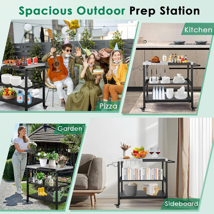 Tyfnry Outdoor Grill Cart, 3 - Tier Rolling Prep Dining Cart Pizza Oven Stand Table with Lockable Casters, Hooks & Adjustable Mesh, Metal Kitchen Cart Island, Black - Just Closeouts Canada Inc.