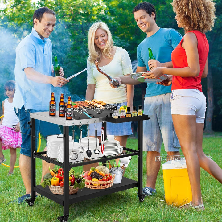 Tyfnry Outdoor Grill Cart, 3 - Tier Rolling Prep Dining Cart Pizza Oven Stand Table with Lockable Casters, Hooks & Adjustable Mesh, Metal Kitchen Cart Island, Black - Just Closeouts Canada Inc.