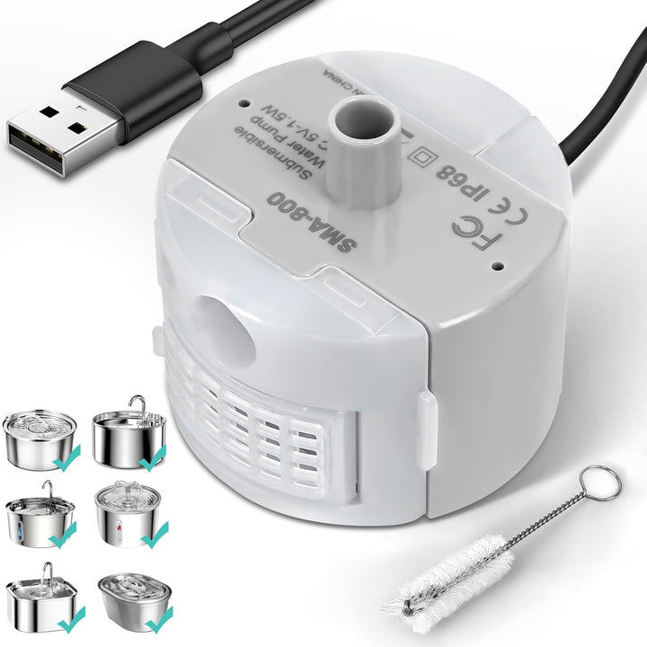 Ultra - Quiet Replacement Pump for Stainless Steel Cat Water Fountains - SMA - 800 Motor - Safe and Easy to Clean with Low Voltage DC 5V and USB Cable (Pump+Brush) - Just Closeouts Canada Inc.X004DO4ECF
