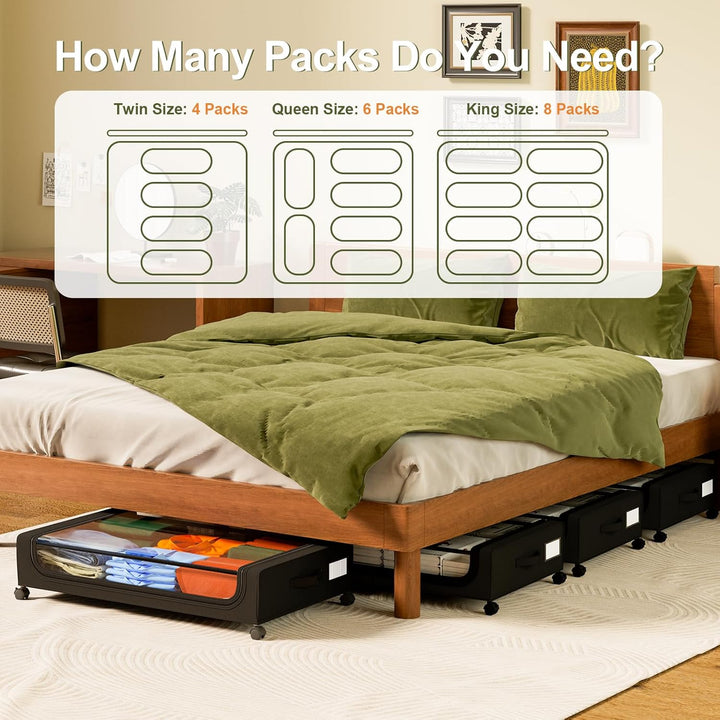 Under Bed Storage with Wheels: 48L Underbed Storage Bins with Lids - Rolling Rangement Vetement sous le Lit - Containers for Clothes Shoes in Bedroom - Easy Pull-out Black 2-Pack - Just Closeouts Canada Inc.6978638360626