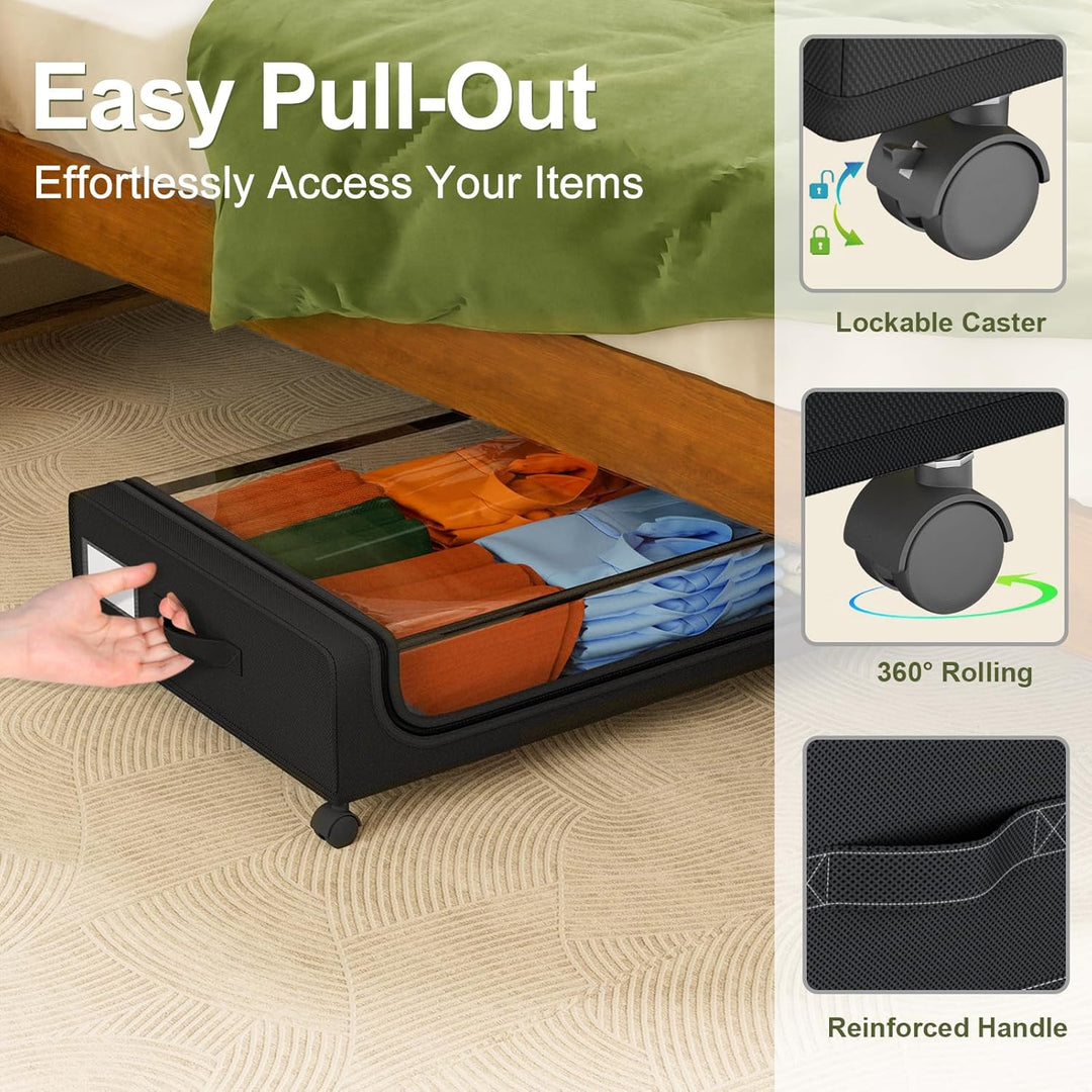Under Bed Storage with Wheels: 48L Underbed Storage Bins with Lids - Rolling Rangement Vetement sous le Lit - Containers for Clothes Shoes in Bedroom - Easy Pull-out Black 2-Pack - Just Closeouts Canada Inc.6978638360626