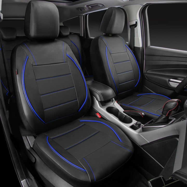 Universal FIT Piping Leather Car Seat Cover, for suvs, Van, Trucks, Airbag Compatible, Inside Zipper Design and Reserved Opening Holes (Full seat Covers, Black and Blue) - Just Closeouts Canada Inc.