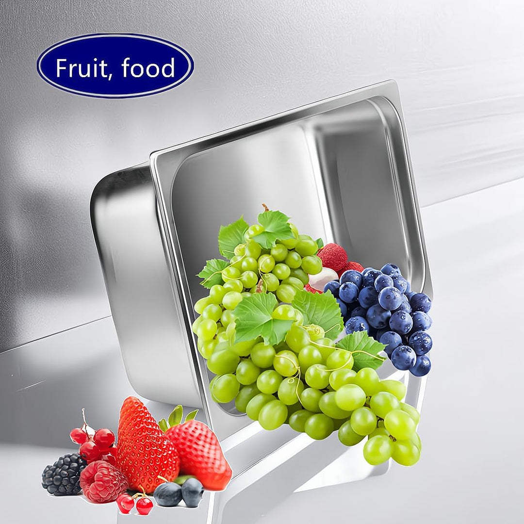 Stainless steel medium bin shown with fruit