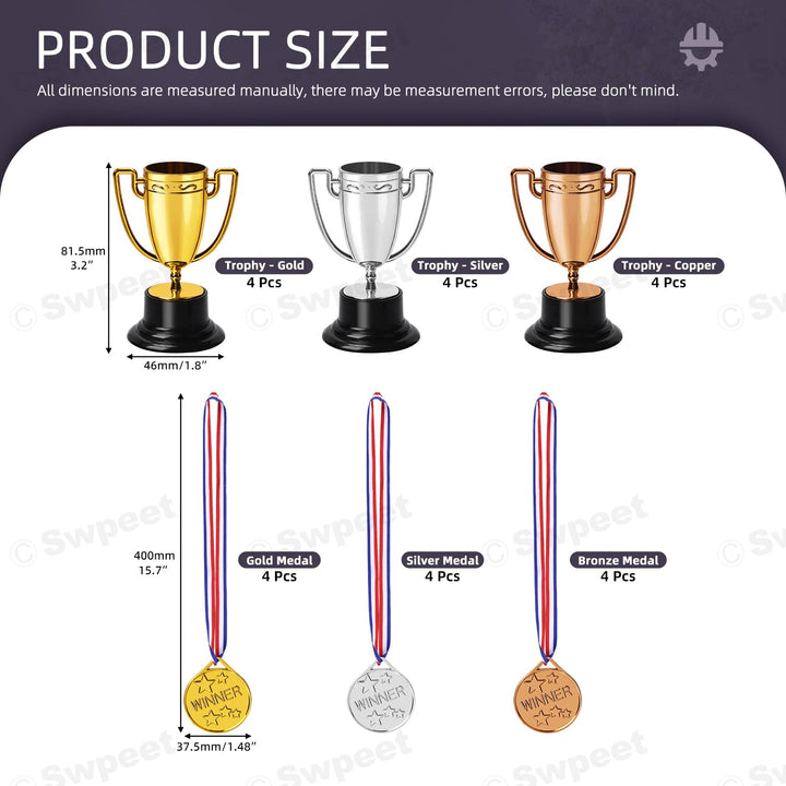 Trophy cup and medal set size and contents diagram