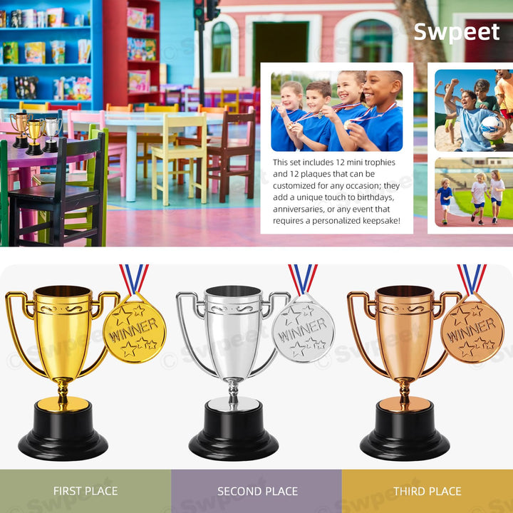 Three place trophy cups and matching winner medals