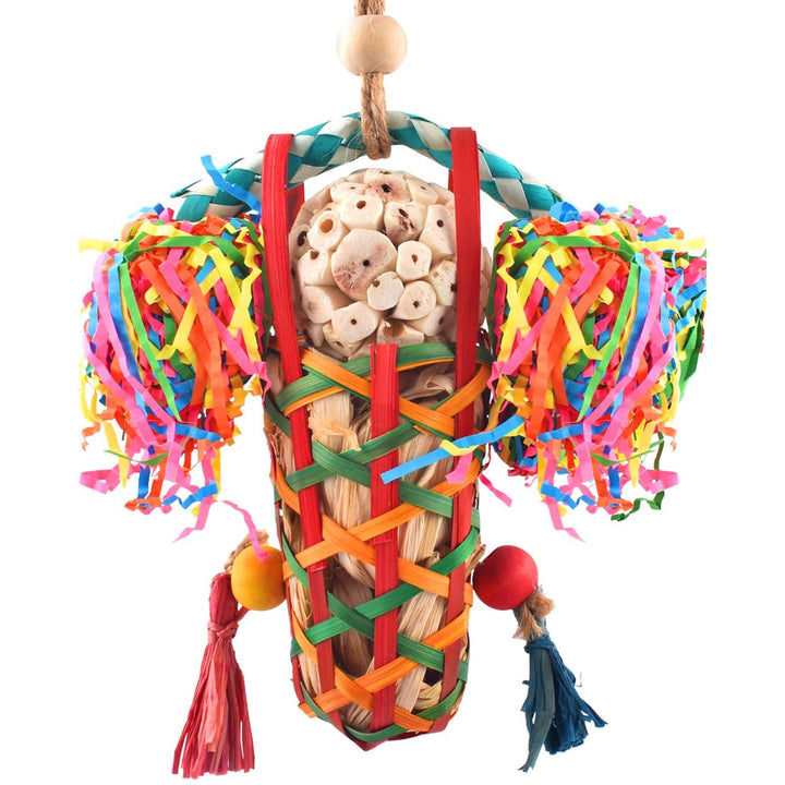 Multicolor hanging bird foraging toy with sola pieces