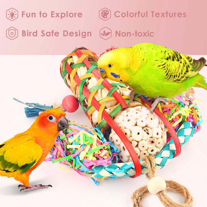 Birds exploring the colorful woven foraging toy