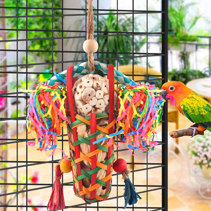 Hanging bird toy with woven strips and natural wood pieces
