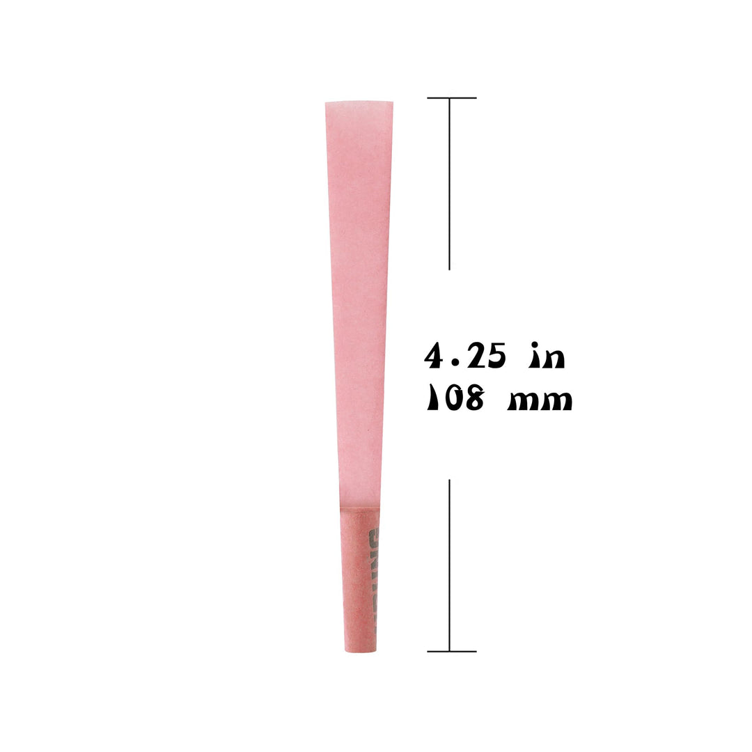 Pink pre-rolled cone with filter tip and length detail