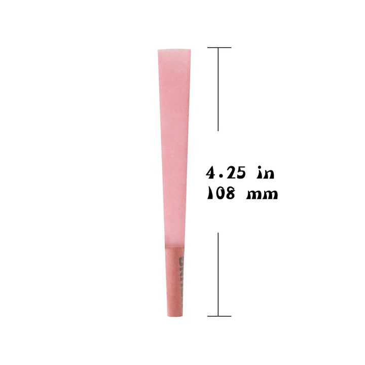 Pink pre-rolled cone with filter tip and length detail