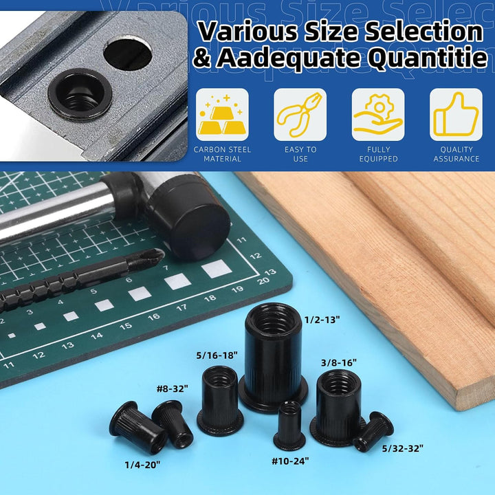 Black zinc-plated 1/4-20 UNC rivet nuts