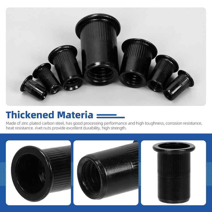 Black zinc-plated 1/4-20 UNC rivet nuts