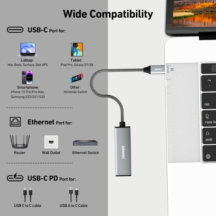 USB-C to Ethernet Gigabit Adapter with 100W Power Delivery, Thunderbolt 3/4 to RJ45 Ethernet LAN Network Adapter Compatible with iPhone 15 Pro/Max, MacBook Pro/Air 2023, iPad Pro, iMac - Just Closeouts Canada Inc.000362grey