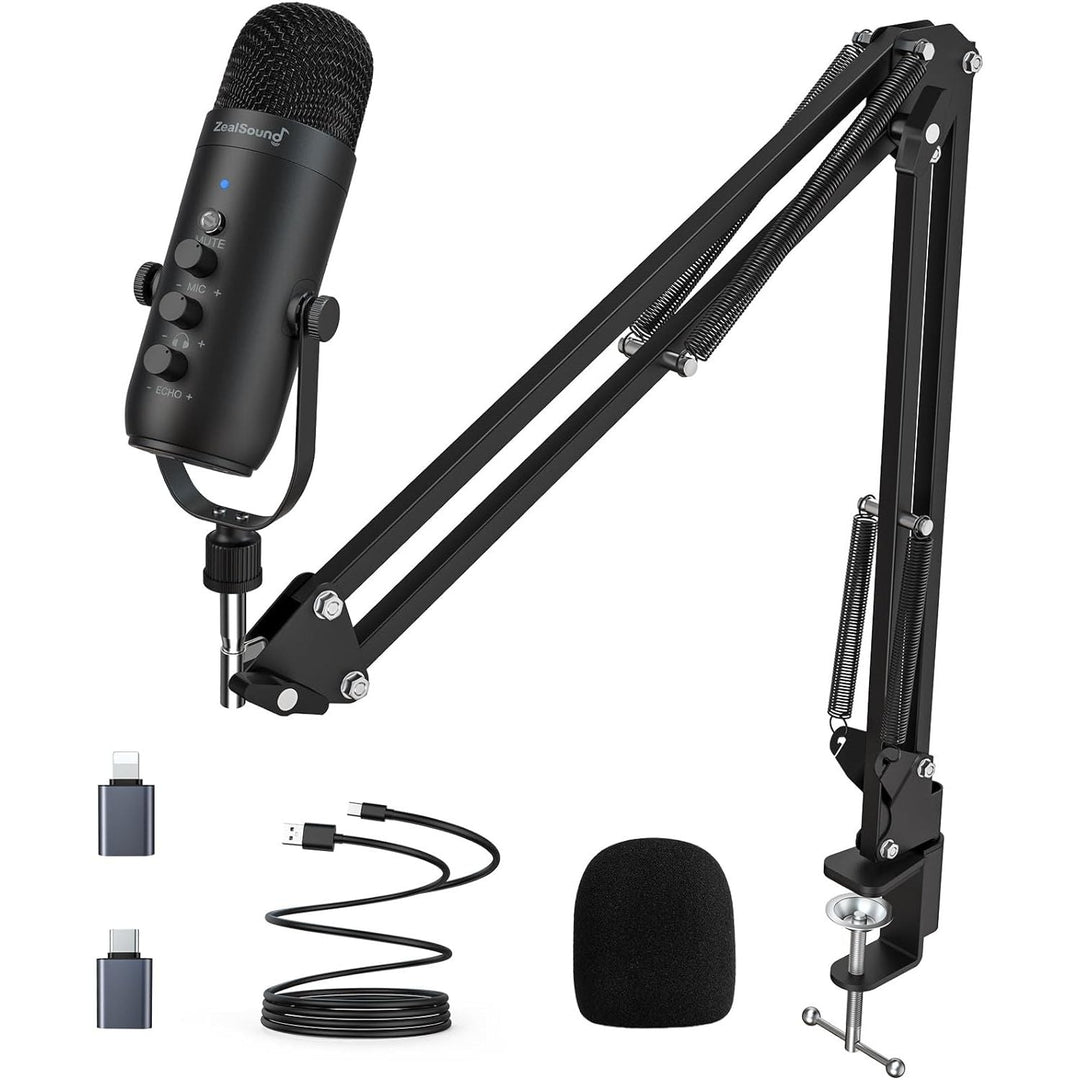 USB Gaming Microphone,ZealSound Noise Cancellation Mic Kit for Phone PC Computer Tablet with Boom Arm Stand,Podcast Condenser Mic set,Mute Button,Echo&Volume Gain Knob,Monitor,Streaming Recording ASMR - Just Closeouts Canada Inc.