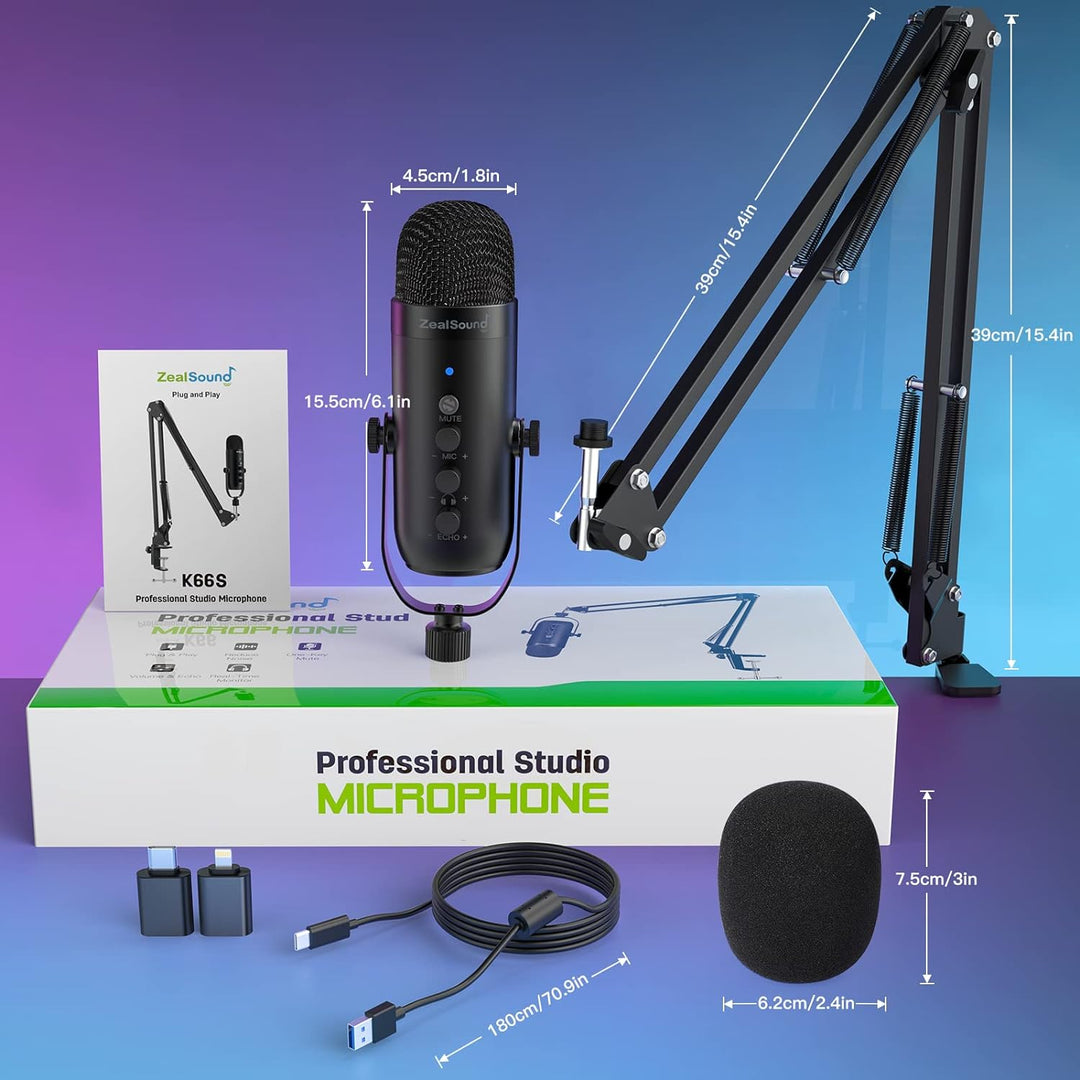 USB Gaming Microphone,ZealSound Noise Cancellation Mic Kit for Phone PC Computer Tablet with Boom Arm Stand,Podcast Condenser Mic set,Mute Button,Echo&Volume Gain Knob,Monitor,Streaming Recording ASMR - Just Closeouts Canada Inc.