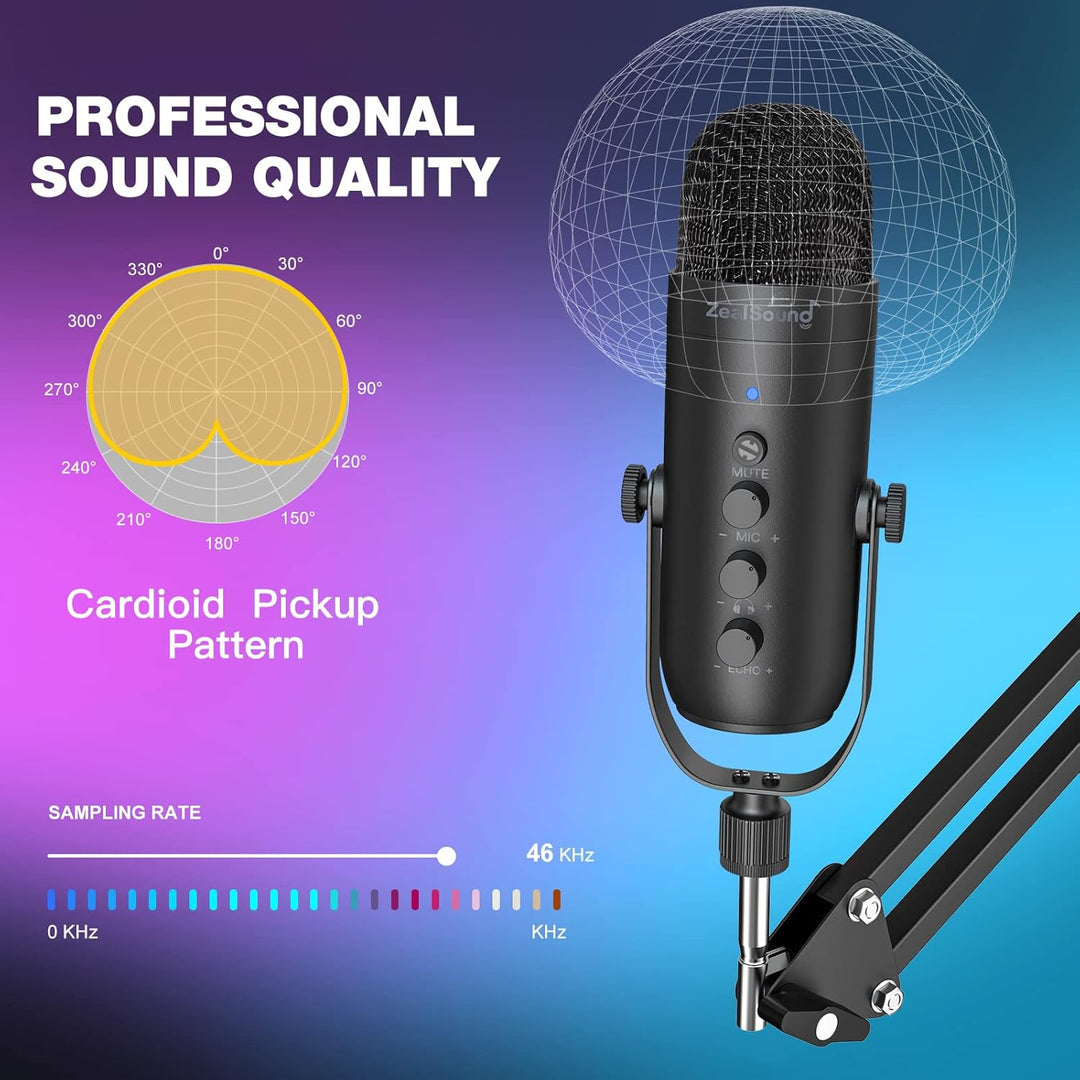USB Gaming Microphone,ZealSound Noise Cancellation Mic Kit for Phone PC Computer Tablet with Boom Arm Stand,Podcast Condenser Mic set,Mute Button,Echo&Volume Gain Knob,Monitor,Streaming Recording ASMR - Just Closeouts Canada Inc.