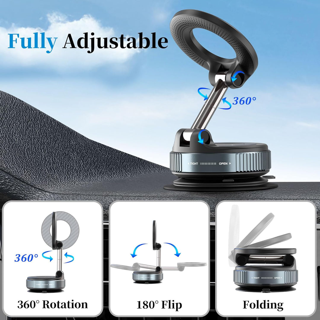 Vacuum Magnetic Car Phone Holder - Suction Cup Phone Mount 360° Rotatable Foldable Portable Strong Magnet Stand for iPhone 16/15/14/13 & Samsung in Gym, Mirror,Smooth Surface, All Vehicles - Just Closeouts Canada Inc.