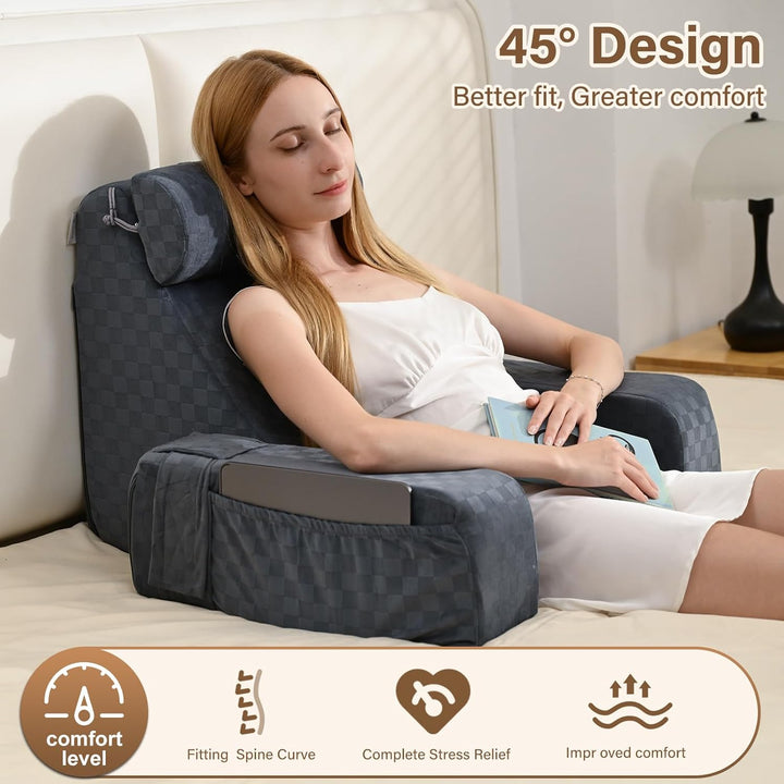 Vekkia Reading Pillow for Sitting in Bed Adult,Back Pillow for Bed Sitting Up,Back Support Pillow,Big Pockets for Gaming,Watching TV in Floor,19in(Grey) - Just Closeouts Canada Inc.