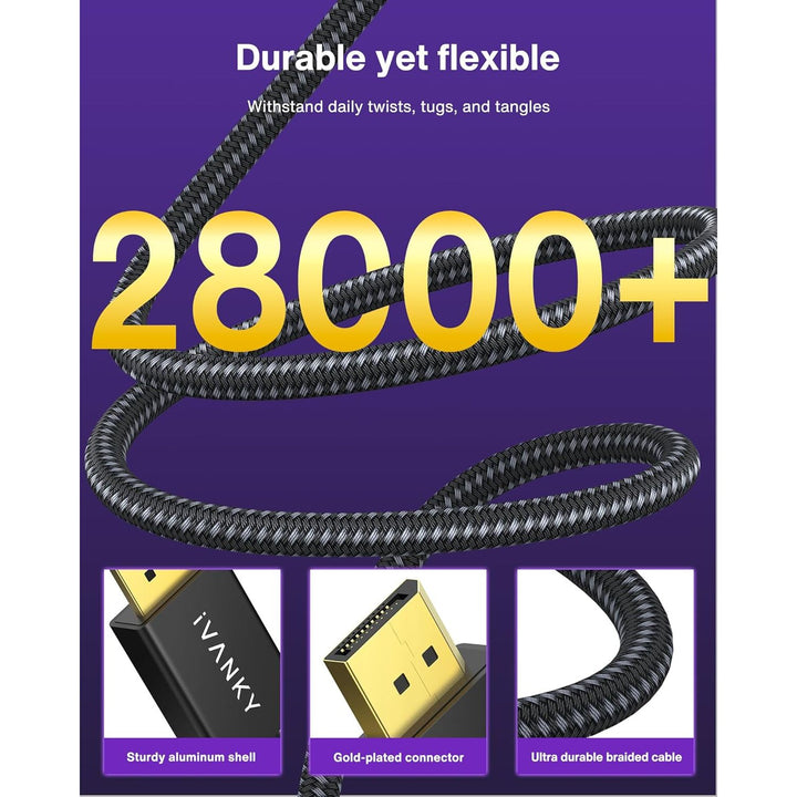 VESA Certified DisplayPort Cable 1.4, iVANKY 8K DP Cable 6.6ft (8K@60Hz, 4K@144Hz, 2K@240Hz)HBR3 Support 32.4Gbps, HDR, HDCP 2.2, FreeSync G - Sync, Braided Display Port for Gaming Monitor, Graphics, PC - Just Closeouts Canada Inc.