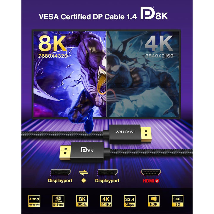 VESA Certified DisplayPort Cable 1.4, iVANKY 8K DP Cable 6.6ft (8K@60Hz, 4K@144Hz, 2K@240Hz)HBR3 Support 32.4Gbps, HDR, HDCP 2.2, FreeSync G - Sync, Braided Display Port for Gaming Monitor, Graphics, PC - Just Closeouts Canada Inc.
