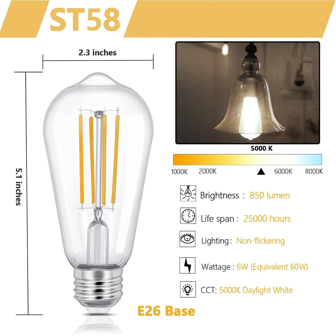Vintage E26 LED 6W Edison Bulb Dimmable ST58 Light Bulbs 850LM Vintage Edison Clear Glass LED Filament Light Bulbs CRI90+, Clear Glass Style for Home, Offic (5000K-Daylight White, 4 Pack) - Just Closeouts Canada Inc.X0045U4T4P