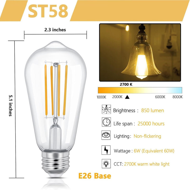 Vintage LED 6W Edison Bulb Dimmable ST58 Light Bulbs E26 Medium Base Vintage Edison Clear Glass Style for Home, Office (2700K-Soft White, 8 Pack Dimmable) - Just Closeouts Canada Inc.X0045U4VA7