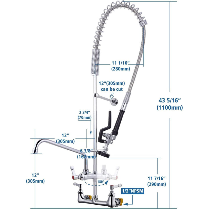 Wall Mount Hot & Cold Water Pull Out Spray Commercial Pre Rinse Restaurant Kitchen Faucet With Add On Spout Equip With Brass Inlet Piping Nuts - Just Closeouts Canada Inc.B074W5MGGC
