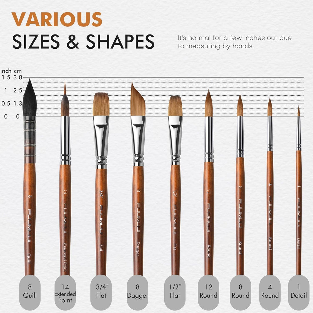 Watercolor Paint Brushes, Fuumuui 9pcs Professional Sable Brushes & Natural Squirrel Mop Brush Set with Extended Needle, Round Point, Flat, Dagger, Quill Wash for Watercolor Gouache Inks - Just Closeouts Canada Inc.