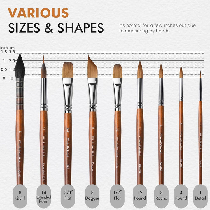 Watercolor Paint Brushes, Fuumuui 9pcs Professional Sable Brushes & Natural Squirrel Mop Brush Set with Extended Needle, Round Point, Flat, Dagger, Quill Wash for Watercolor Gouache Inks - Just Closeouts Canada Inc.