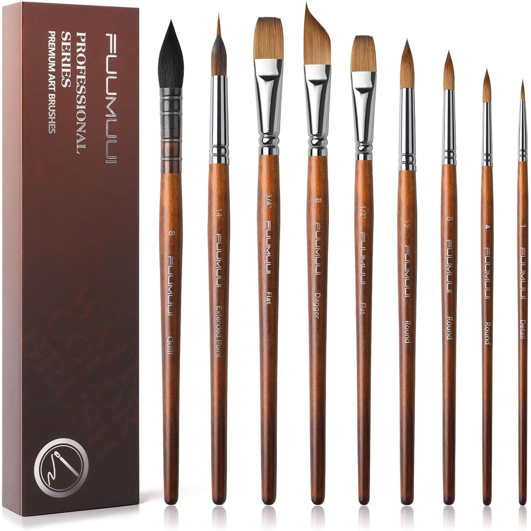 Watercolor Paint Brushes, Fuumuui 9pcs Professional Sable Brushes & Natural Squirrel Mop Brush Set with Extended Needle, Round Point, Flat, Dagger, Quill Wash for Watercolor Gouache Inks - Just Closeouts Canada Inc.