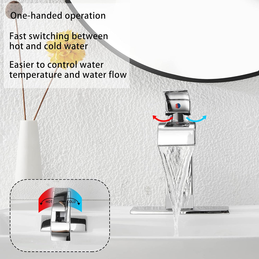 Waterfall Bathroom Faucet Single - Handle Bathroom Faucet One Hole Sink Faucet Chrome Matching with Pop Up Drain with Overflow Lavatory Faucets Basin Mixer Tap Washingroom Faucet - Just Closeouts Canada Inc.