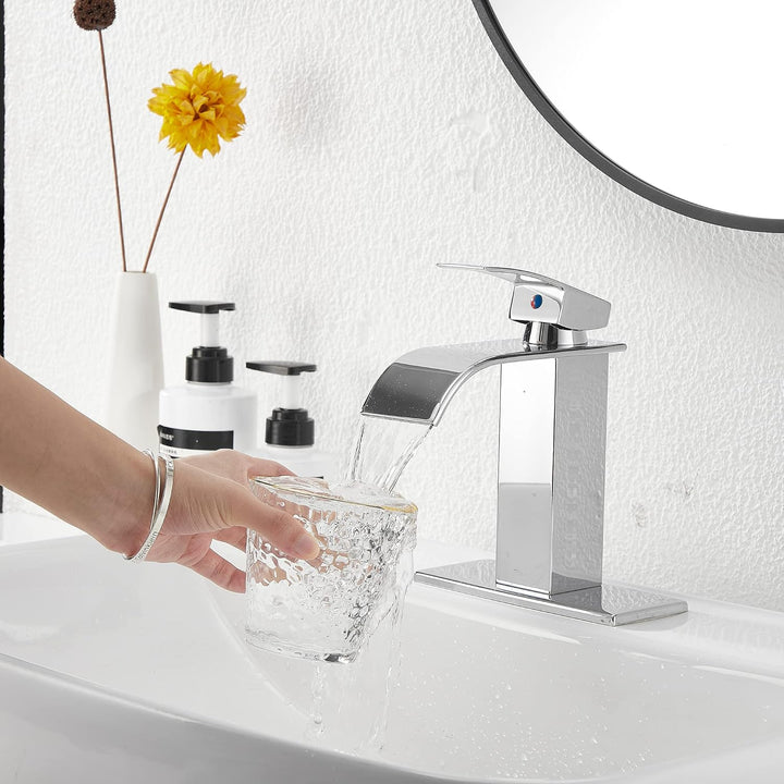 Waterfall Bathroom Faucet Single - Handle Bathroom Faucet One Hole Sink Faucet Chrome Matching with Pop Up Drain with Overflow Lavatory Faucets Basin Mixer Tap Washingroom Faucet - Just Closeouts Canada Inc.