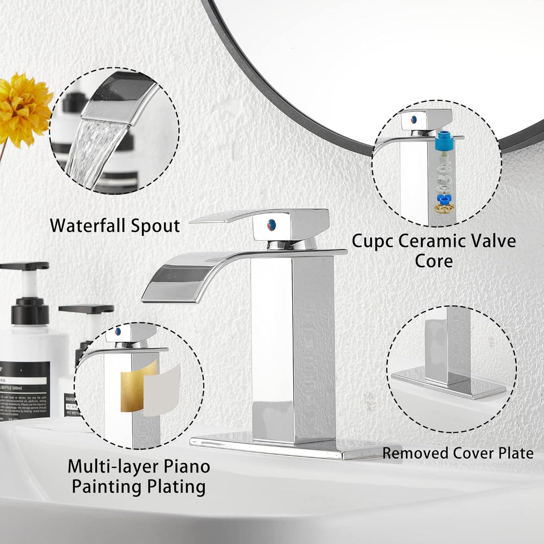 Waterfall Bathroom Faucet Single - Handle Bathroom Faucet One Hole Sink Faucet Chrome Matching with Pop Up Drain with Overflow Lavatory Faucets Basin Mixer Tap Washingroom Faucet - Just Closeouts Canada Inc.