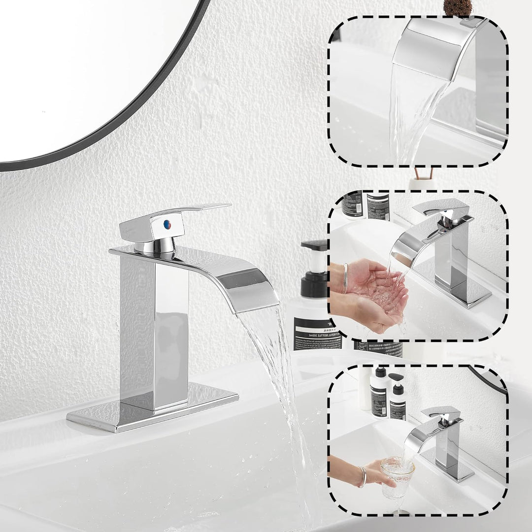 Waterfall Bathroom Faucet Single - Handle Bathroom Faucet One Hole Sink Faucet Chrome Matching with Pop Up Drain with Overflow Lavatory Faucets Basin Mixer Tap Washingroom Faucet - Just Closeouts Canada Inc.
