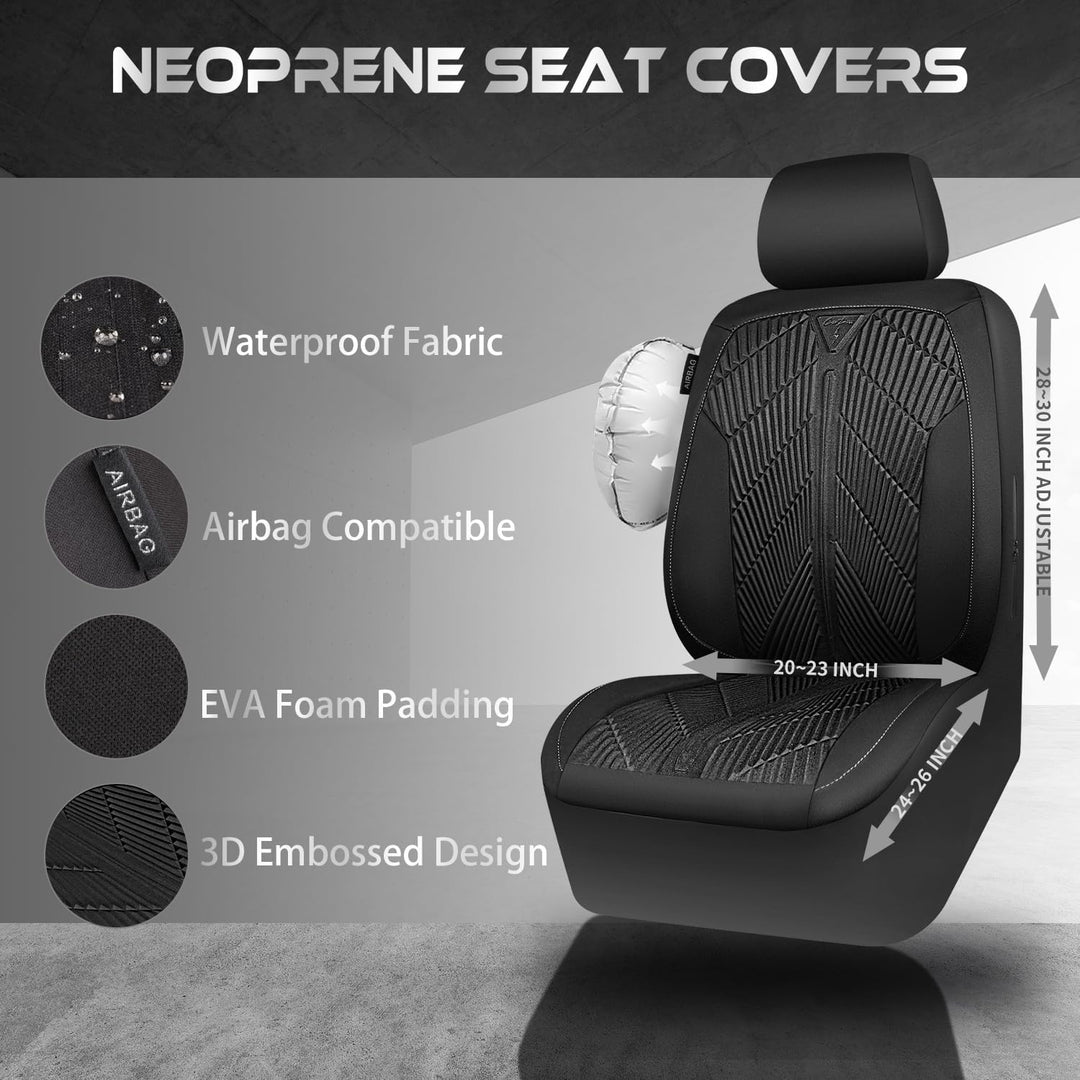 Waterproof Car seat Covers Front Seats Covers Neoprene Wetsuit, All - Weather Non - Slip Durable, Universal Fit for SUV Sedans Trucks Vans Automotive, Armrest Airbag Compatible, Emboss Black - Just Closeouts Canada Inc.