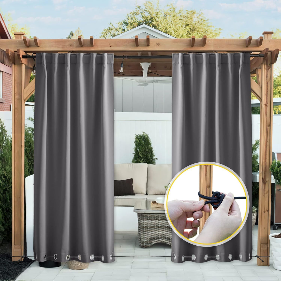 Waterproof Outdoor Curtain 2 Panels for Patio, Thermal Insulated Sun Blocking Grommet & Back Tab on Top & Bottom Blackout Drapes with Bouns Rope for Porch/Pergola/Cabana, Grey, 52 x 84 Inches - Just Closeouts Canada Inc.