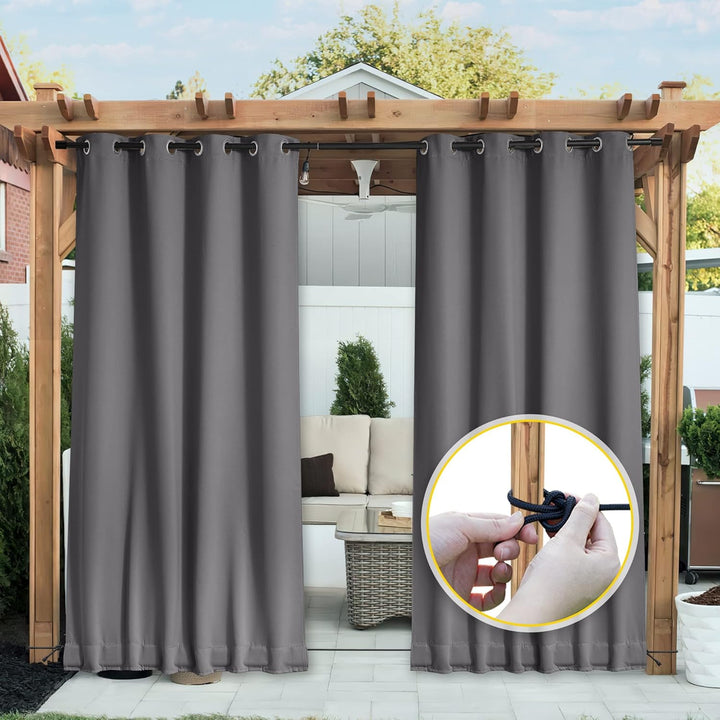 Waterproof Outdoor Curtain 2 Panels for Patio, Thermal Insulated Sun Blocking Grommet & Back Tab on Top & Bottom Blackout Drapes with Bouns Rope for Porch/Pergola/Cabana, Grey, 52 x 84 Inches - Just Closeouts Canada Inc.