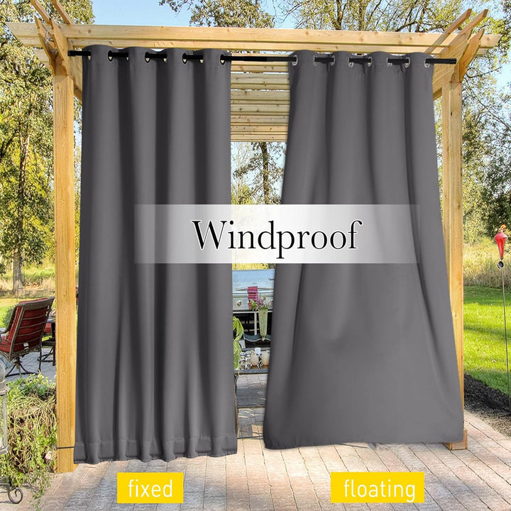 Waterproof Outdoor Curtain 2 Panels for Patio, Thermal Insulated Sun Blocking Grommet & Back Tab on Top & Bottom Blackout Drapes with Bouns Rope for Porch/Pergola/Cabana, Grey, 52 x 84 Inches - Just Closeouts Canada Inc.