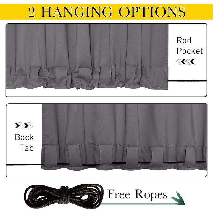 Waterproof Outdoor Curtain 2 Panels for Patio, Thermal Insulated Sun Blocking Grommet & Back Tab on Top & Bottom Blackout Drapes with Bouns Rope for Porch/Pergola/Cabana, Grey, 52 x 84 Inches - Just Closeouts Canada Inc.