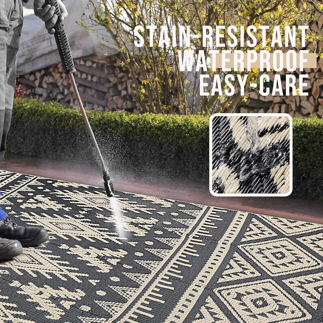 Waterproof Outdoor Rug 8x10 ft, Reversible Plastic Straw Patio Camping Rugs, Large Foldable Outdoor Carpet Deck Rugs for Patio, RV, Outside Entry, Backyard, Bench, Picnic, Black & Beige - Just Closeouts Canada Inc.
