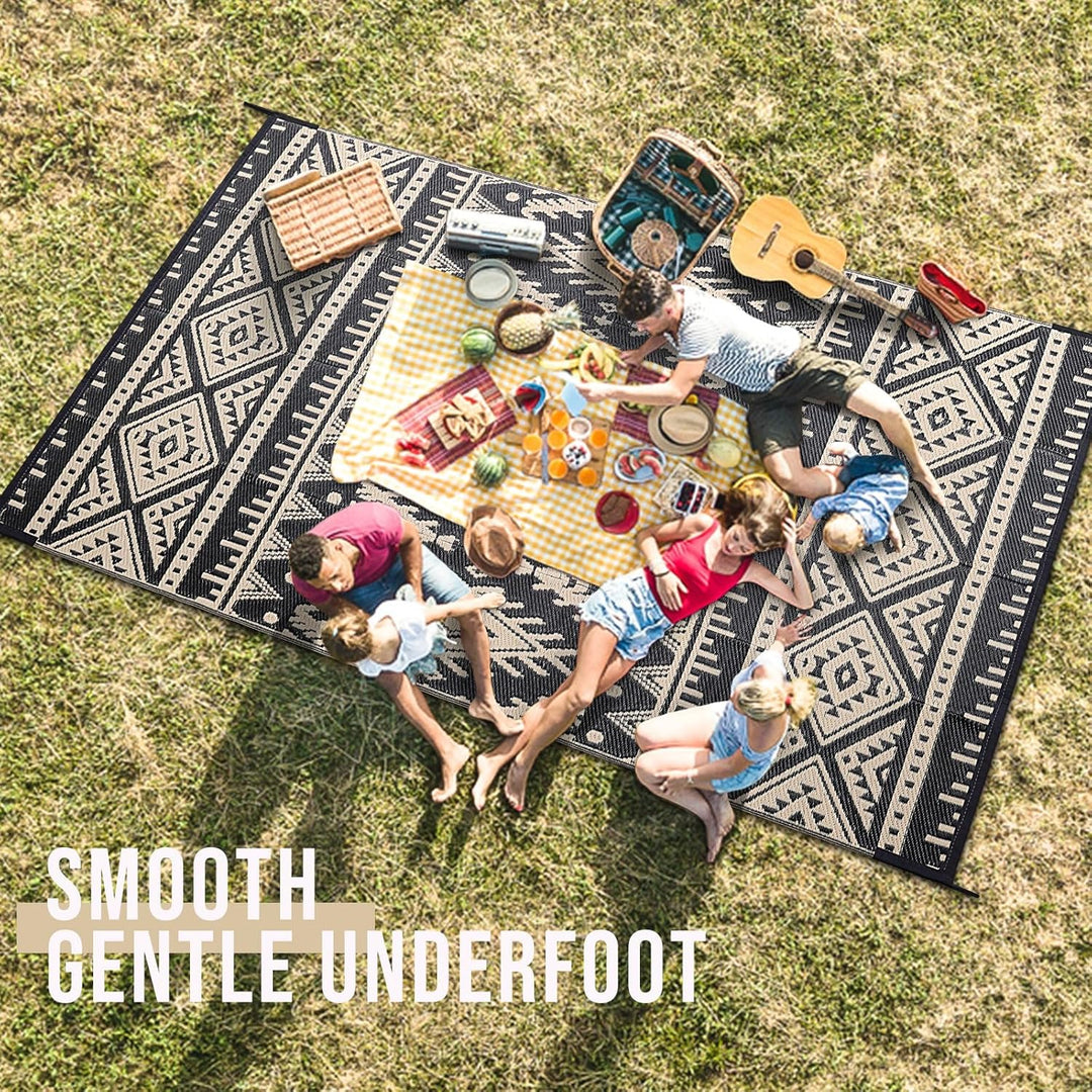 Waterproof Outdoor Rug 8x10 ft, Reversible Plastic Straw Patio Camping Rugs, Large Foldable Outdoor Carpet Deck Rugs for Patio, RV, Outside Entry, Backyard, Bench, Picnic, Black & Beige - Just Closeouts Canada Inc.